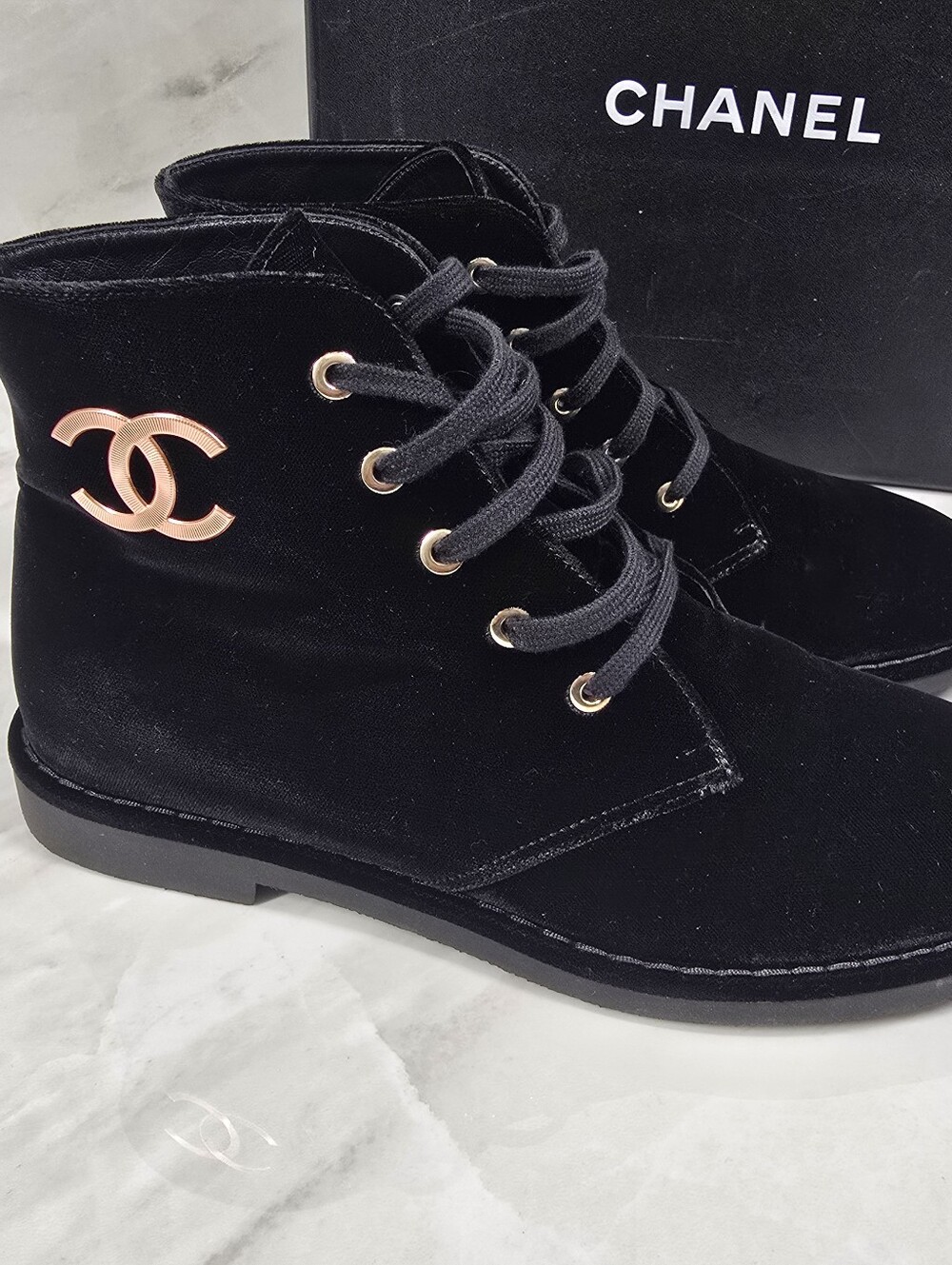 CHANEL Black Velvet Lace-Up Ankle Boots with Logo - Picture 9 of 12